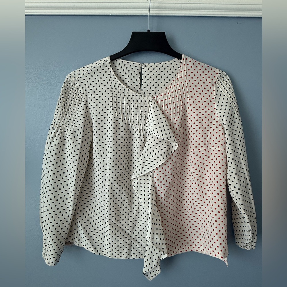 Akris Punto Silk Polka‎ Dot Black & Red Blouse Size 8 100% Mulberry Silk Ruffles